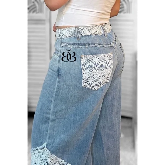 POL Vintage Washed Crochet Patched Straight Wide Leg Slouch Jeans - Picture 13 of 16